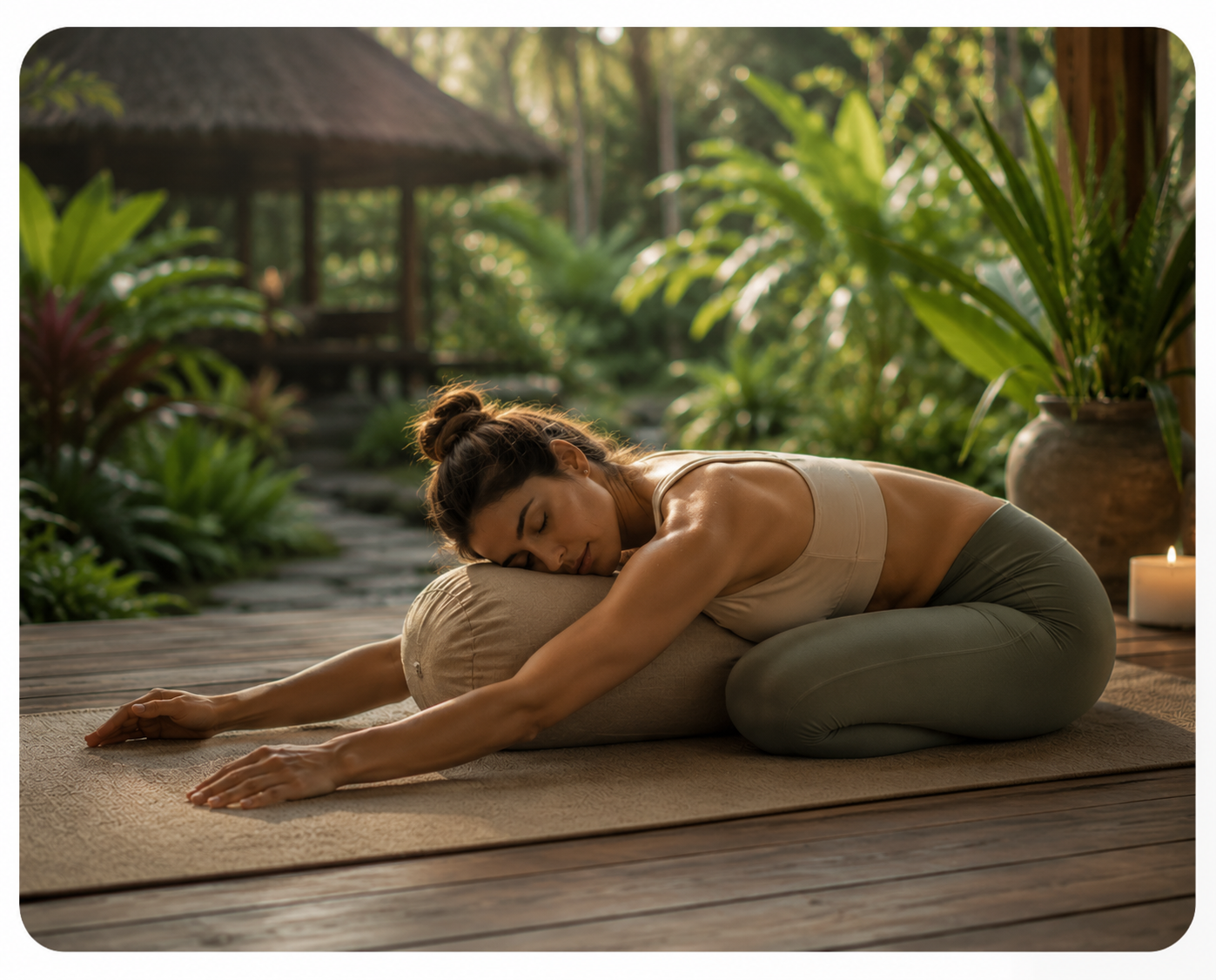 Yin yoga child's pose with bolster in lush Bali garden shala