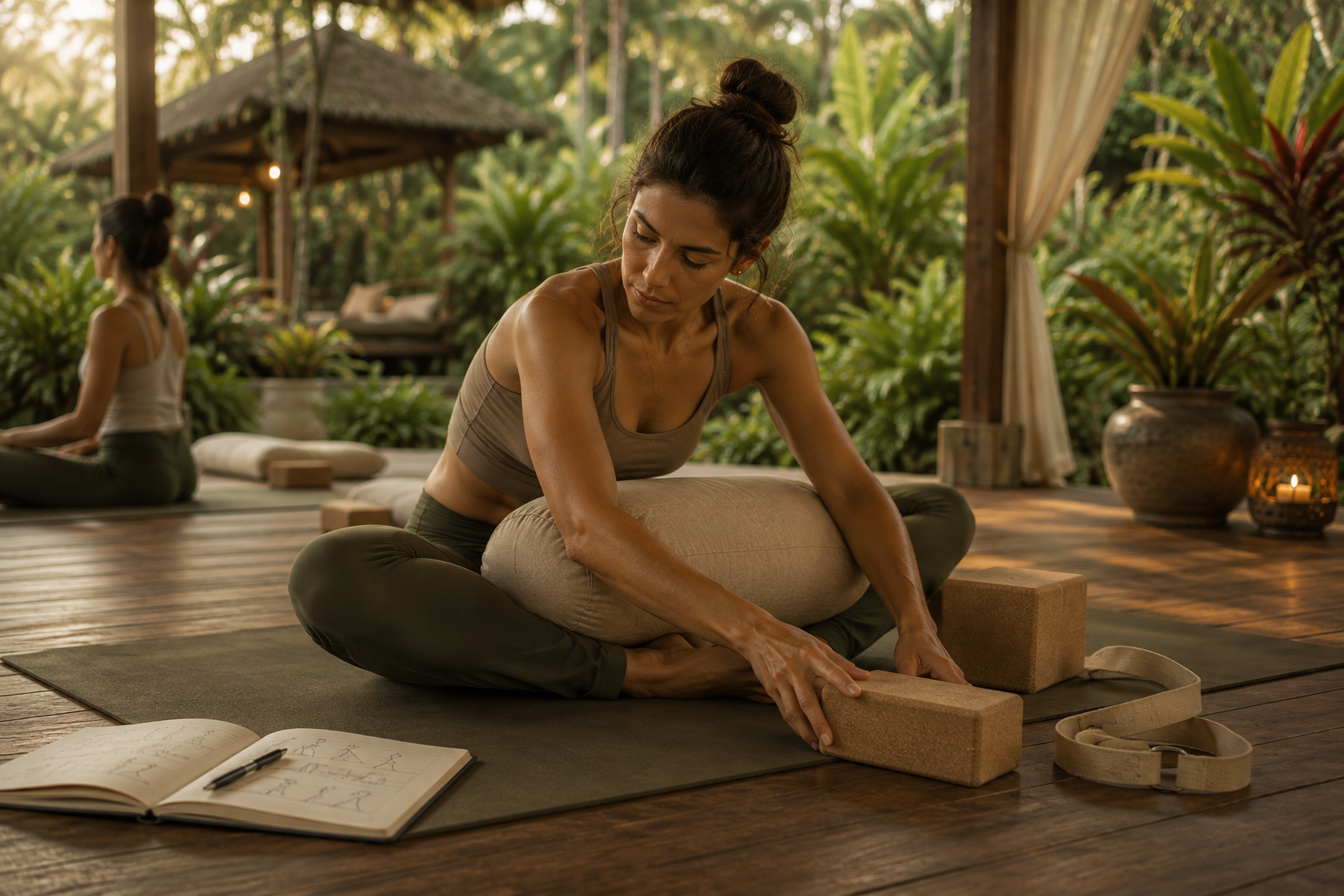 Yoga student studying anatomy with cork block and notebook in open-air shala